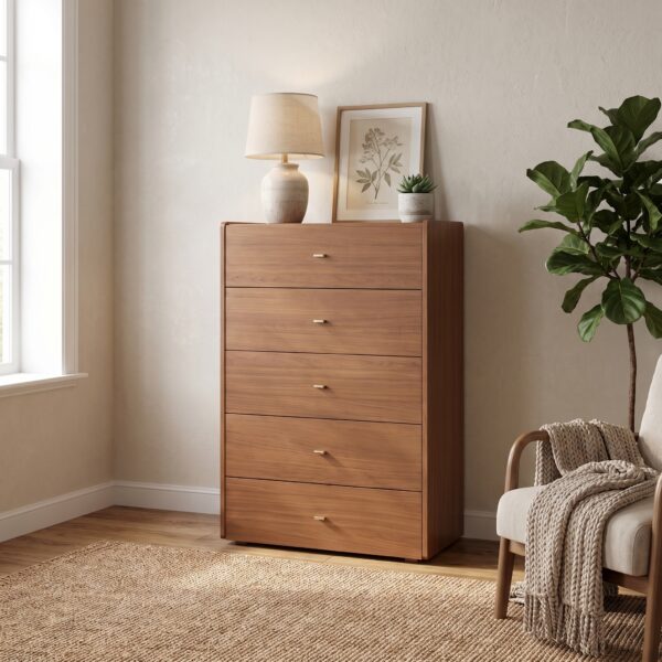 5-Drawer Wood-Grain Chest with Soft-Closing Rails - Honey Walnut