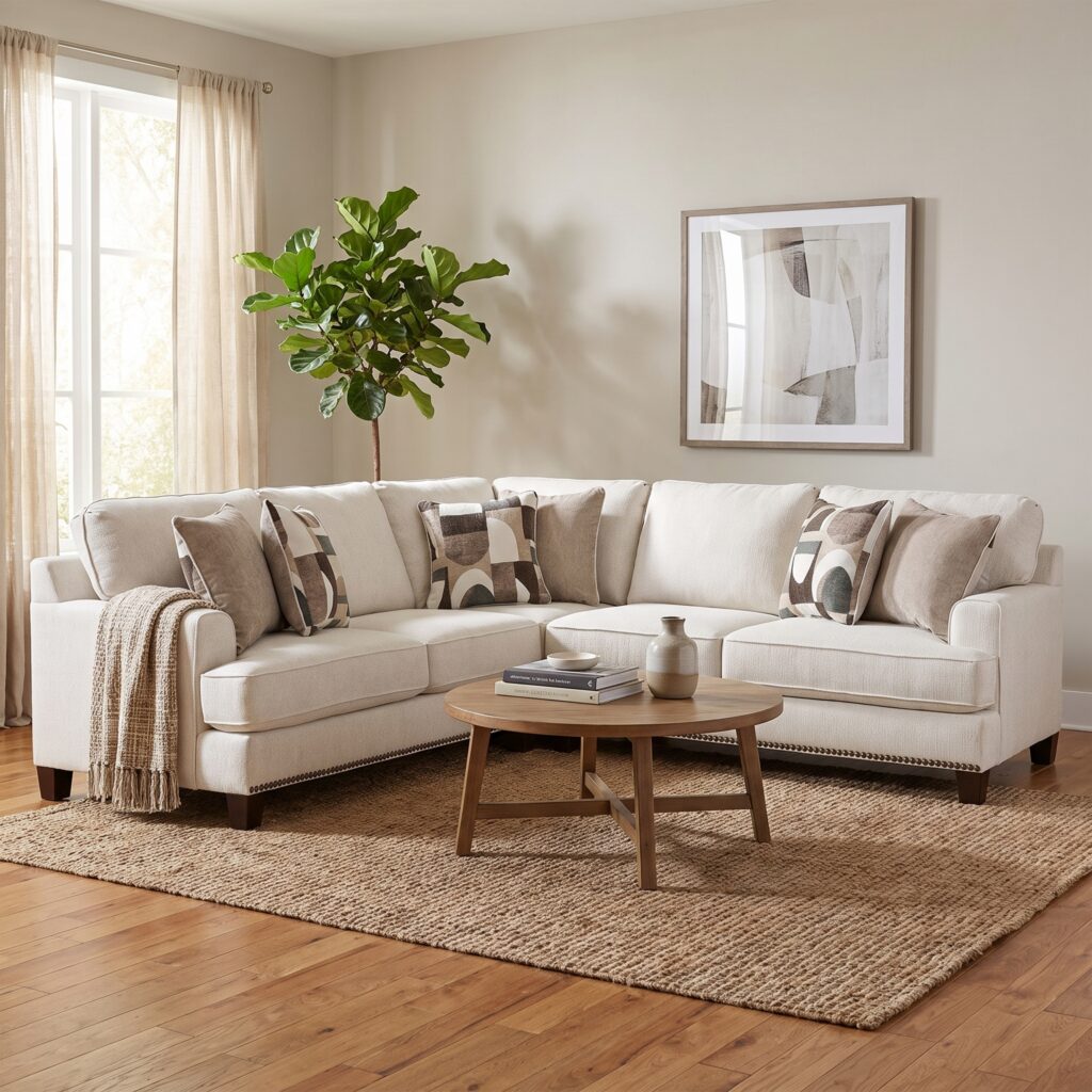 5 Seater Fabric Corner Sofa Set - Warm Ivory - Track Arm