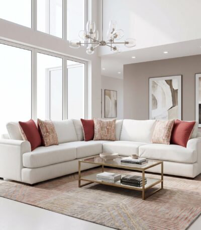 Warm ivory linen-look fabric corner sofa set with track arms and patterned scatter cushions
