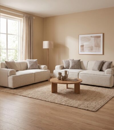 Warm Oatmeal woven fabric sofa set with loveseat and sofa, rolled arms and deep cushions — full set