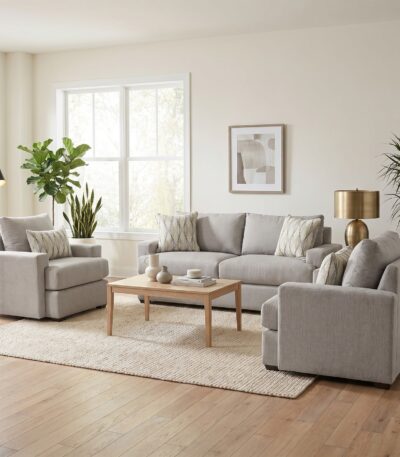 Warm grey woven fabric sofa and sofa chair set with diamond pattern scatter cushions — full set