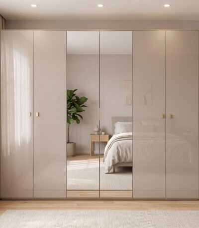 Taupe high-gloss 6-door wardrobe with mirrored centre doors and gold handles