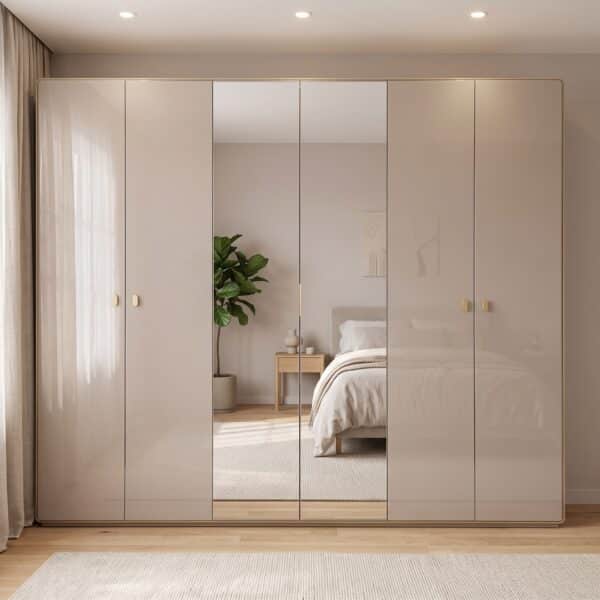 Taupe high-gloss 6-door wardrobe with mirrored centre doors and gold handles