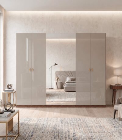 Warm ivory 6-door wardrobe with mirrored center panels and Natural Oak frame