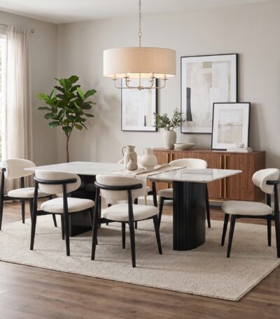6 Seater Marble-Look Dining Table Set - White & Charcoal Black