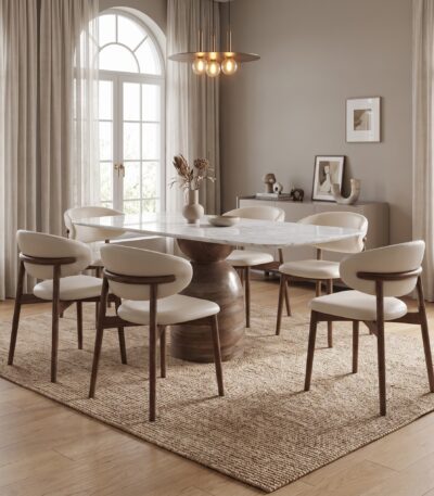 6 Seater Marble-Look Dining Table Set - White & Walnut