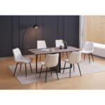 Wood-look rectangular dining table with black steel base and oatmeal fabric dining chairs