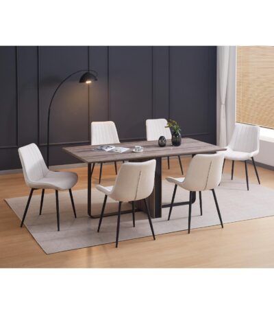 Wood-look rectangular dining table with black steel base and oatmeal fabric dining chairs