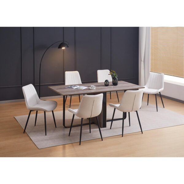 Wood-look rectangular dining table with black steel base and oatmeal fabric dining chairs