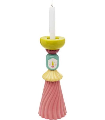 Multicolour ceramic candle holder shaped like a figure with fluted pink skirt