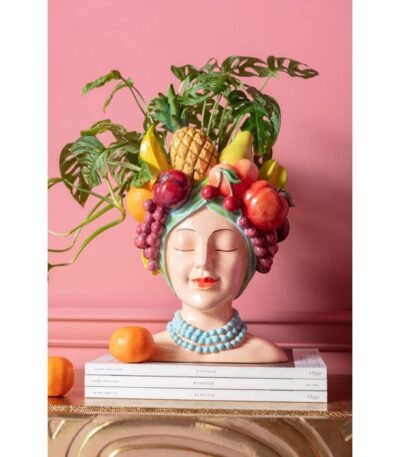 Hand-painted ceramic bust ornament with colourful fruit crown and turquoise beaded necklace