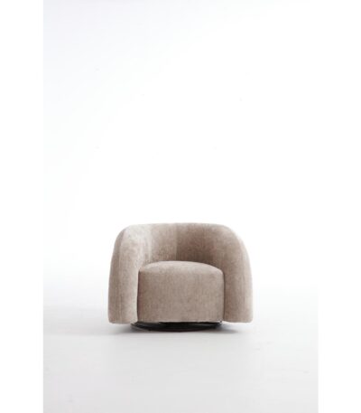 Warm beige chenille sofa chair with swivel base and curved barrel back