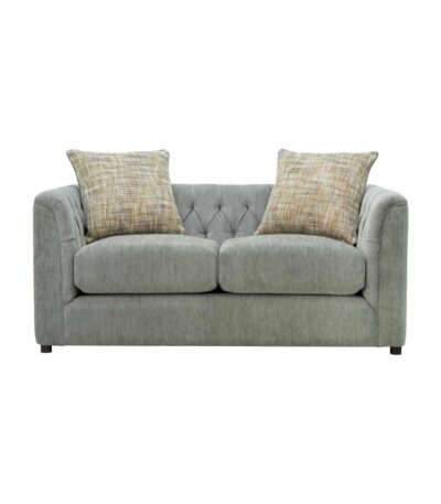 Sage grey chenille loveseat with diamond-tufted back and oatmeal scatter cushions