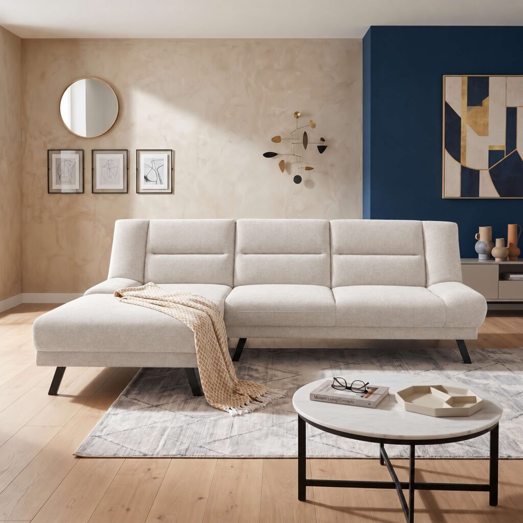 Warm oatmeal corner fabric sofabed set with channel-stitched cushions and black metal legs