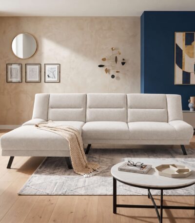 Warm oatmeal corner fabric sofabed set with channel-stitched cushions and black metal legs
