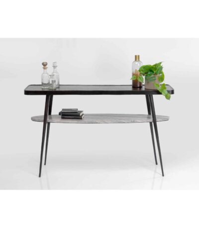 Black metal console table with grey stone lower shelf and tapered legs