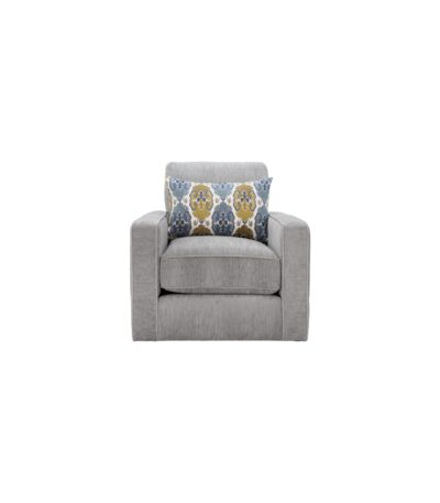 Ash Grey chenille sofa chair with ikat patterned scatter cushion and track arms