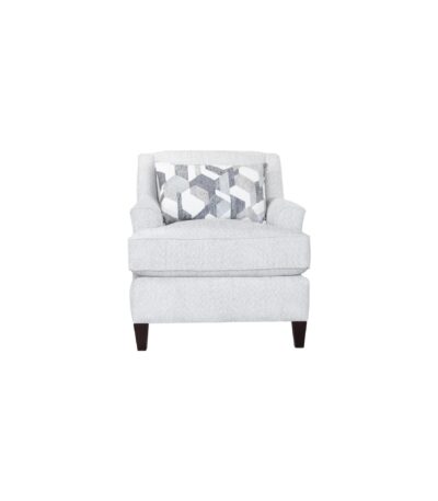 Oatmeal Grey fabric sofa chair with tapered wood legs and geometric scatter cushion