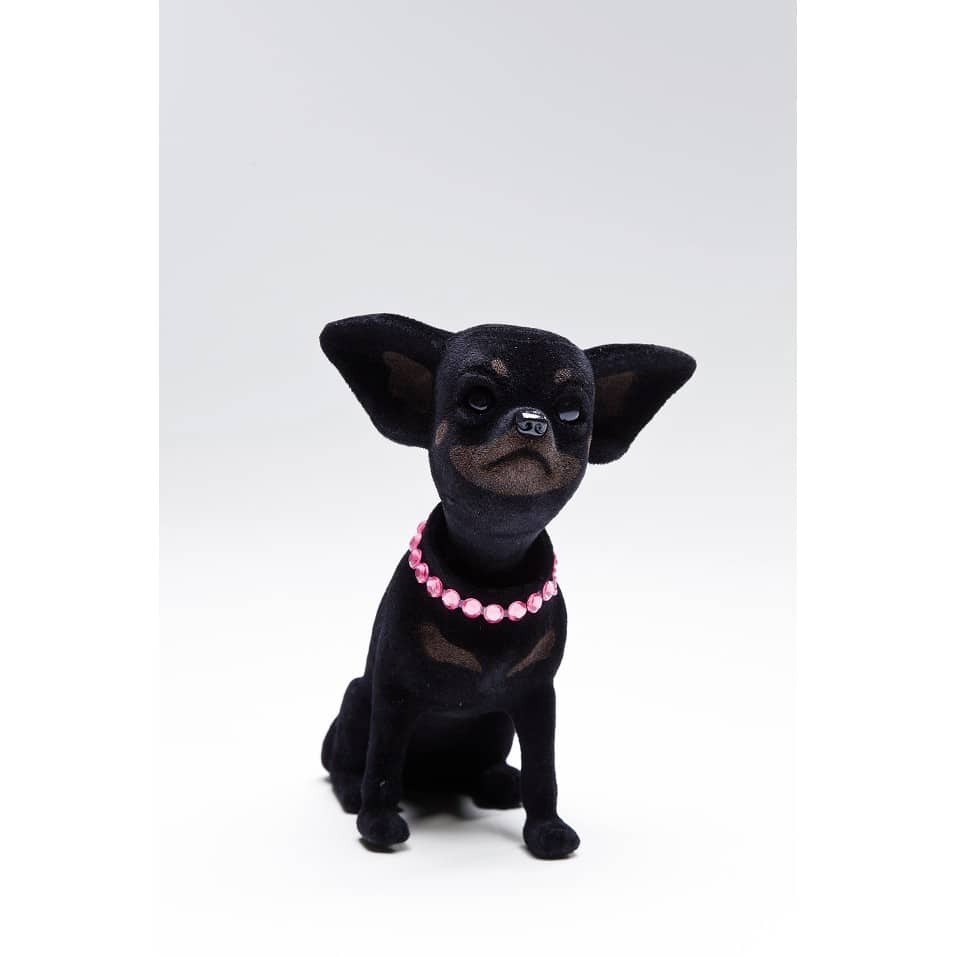 Black flocked resin Chihuahua dog statuary with pink stone collar