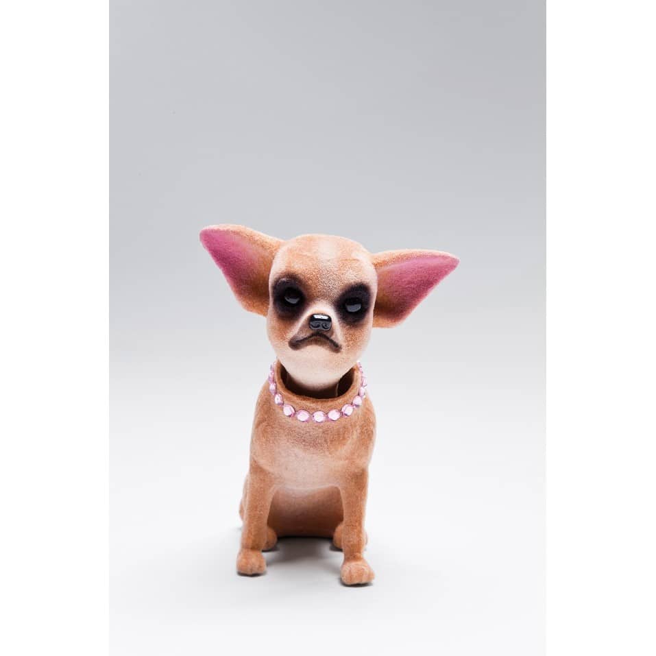 Flocked resin Chihuahua animal statuary in brown with pink rhinestone collar