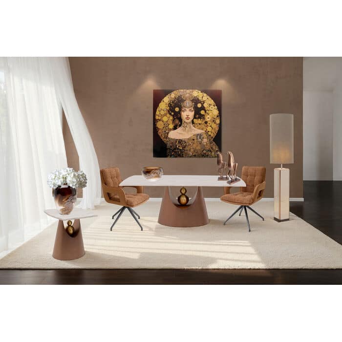 Rectangular stone-look dining table with sculptural bronze pedestal base