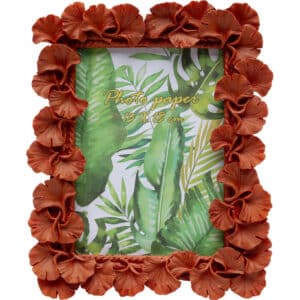 Burnt orange resin photo frame with sculpted ginkgo leaf border, 13x18cm