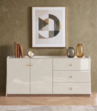 Khaki high-gloss sideboard with two cabinet doors and three drawers
