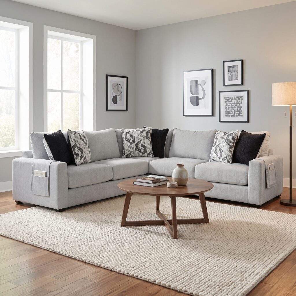 Jefferson 5 Seater Fabric Corner Sofa Set - Ash Grey - Square Block Legs