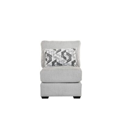 Ash grey fabric armless chair with geometric scatter cushion and block feet