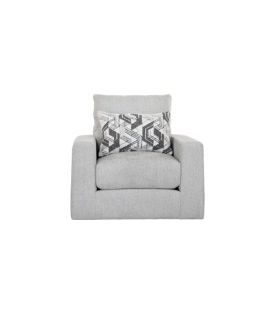 Ash grey fabric sofa chair with geometric scatter cushion and track arms