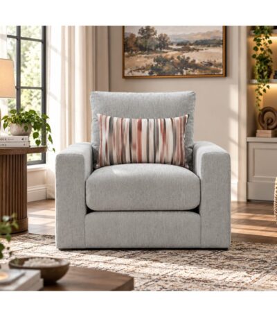 Mist Grey fabric sofa chair with square arms and striped scatter cushion