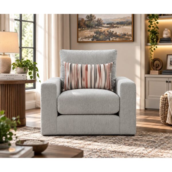 Mist Grey fabric sofa chair with square arms and striped scatter cushion