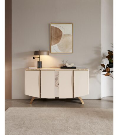 Creamy four-door sideboard with marble-look top and curved gold metal legs