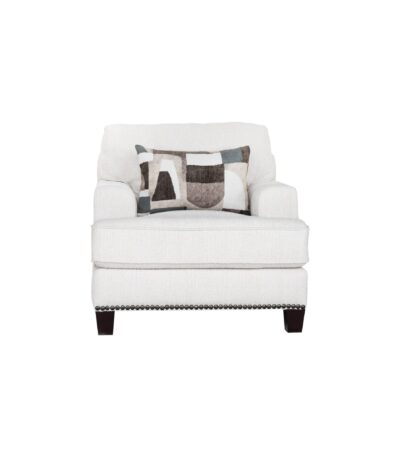Warm ivory fabric sofa chair with track arms and nailhead trim