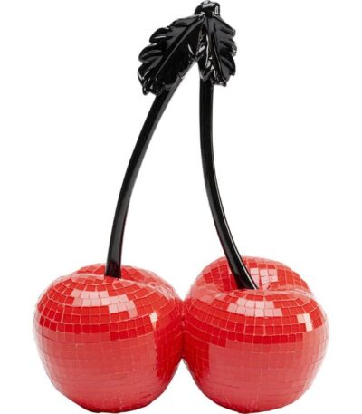 Red mosaic cherry ornament with glossy black stem and leaf detail