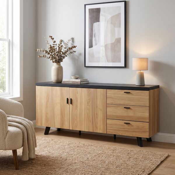 Otto 2-Door 3-Drawer Wood Sideboard – Warm Oak & Charcoal Black