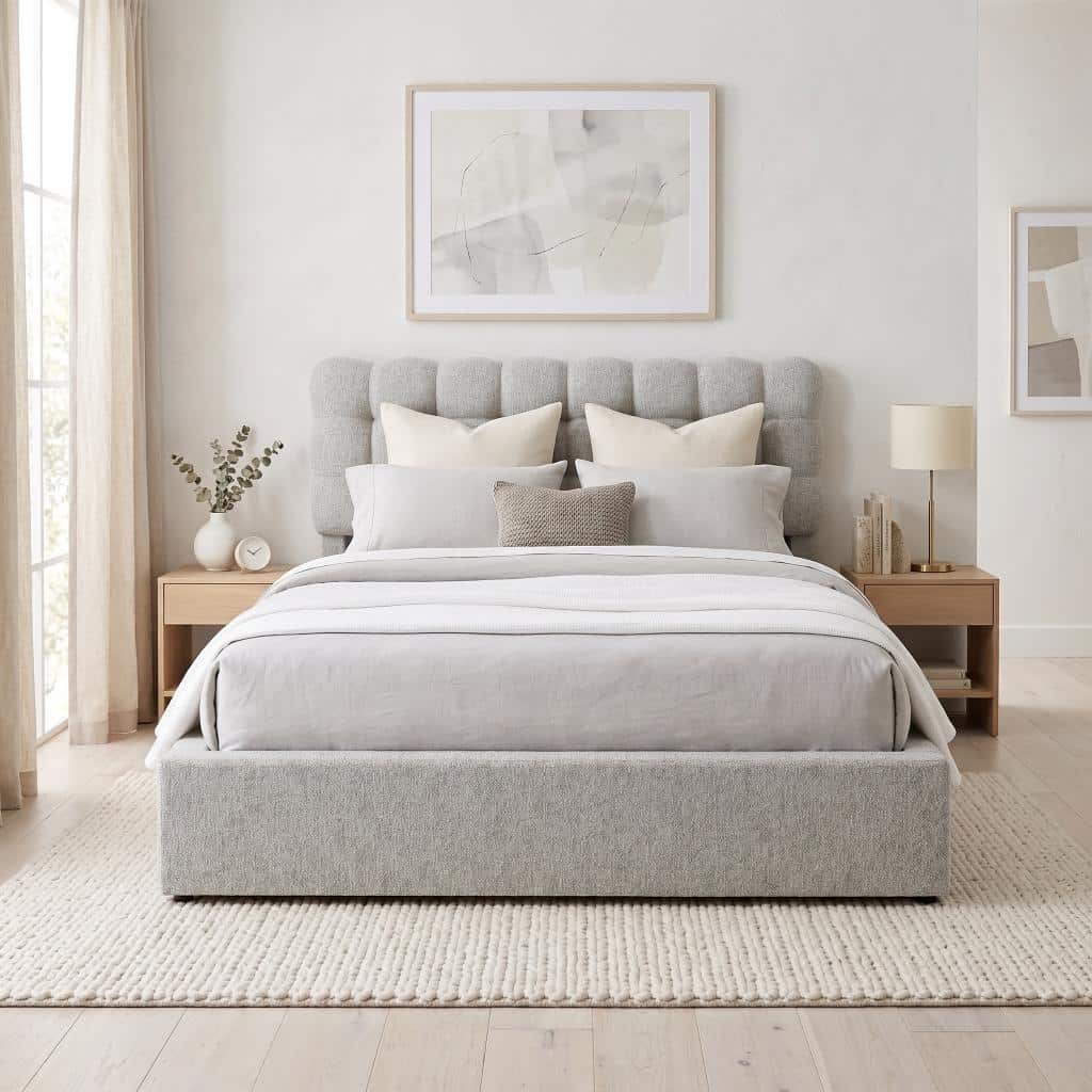 Queen upholstered bed with biscuit-tufted Light Grey fabric headboard