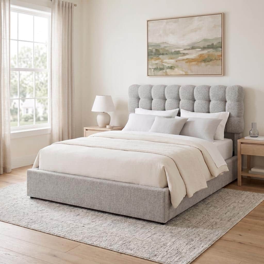 63-30-00015-3.jpg Queen upholstered bed with biscuit-tufted Light Grey fabric headboard — view 2