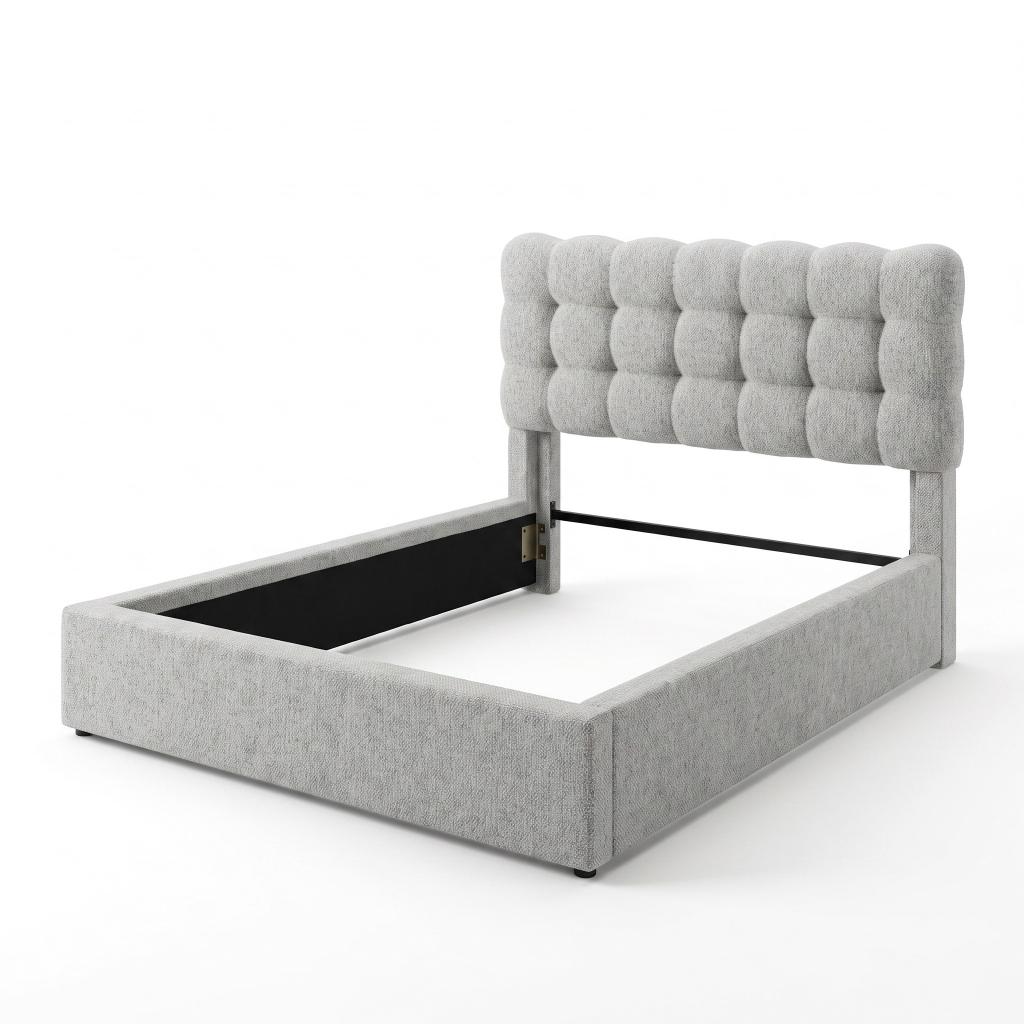 63-30-00015-5.jpg Queen upholstered bed with biscuit-tufted Light Grey fabric headboard — view 4