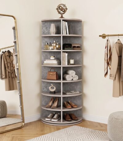 Rotating Stone-Look engineered wood shoe rack with eight tiers in ash grey and white
