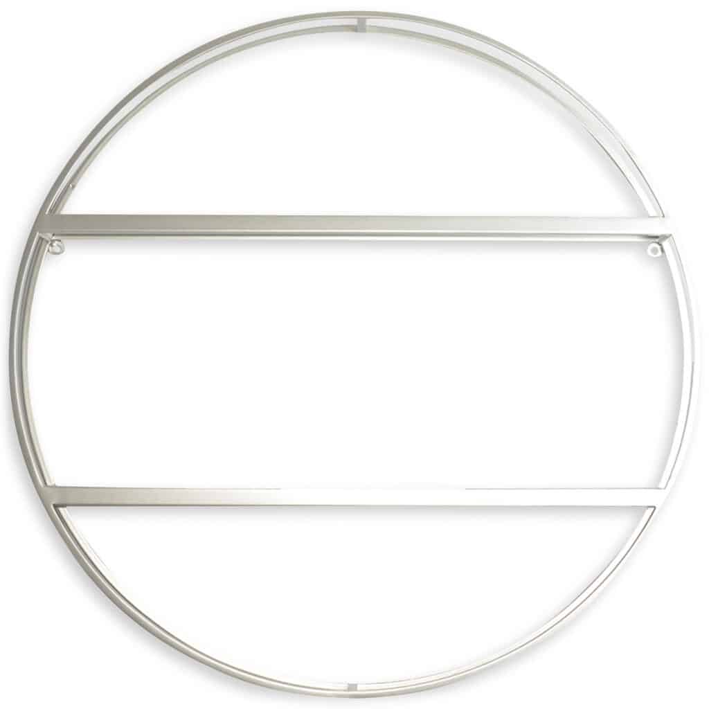Round silver metal wall shelf with two display bars