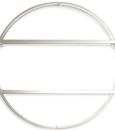Round silver metal wall shelf with two display bars