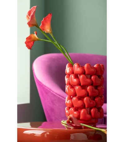 Glossy red resin vase with sculpted heart texture, 33cm statement accent piece