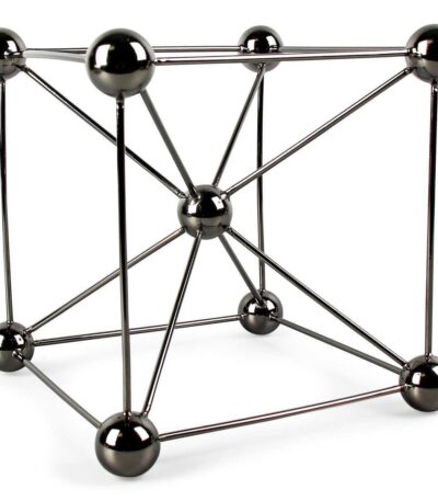Set of four Black metal molecular sculpture ornaments on a tabletop