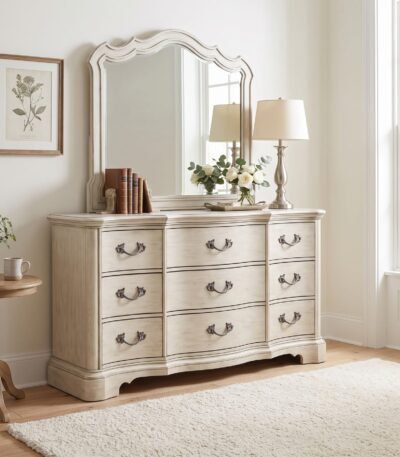 Warm beige 9-drawer solid wood dresser with matching scalloped mirror — full set