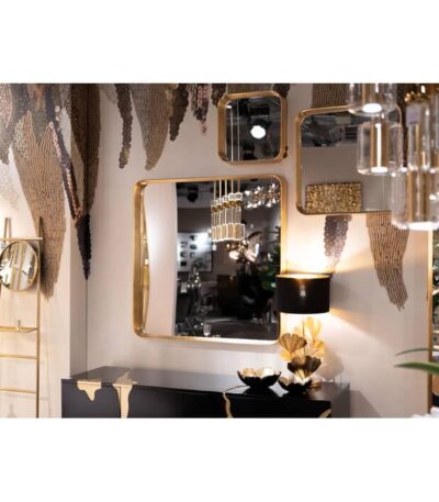 Square brushed brass wall mirror with rounded corners and thick metal frame