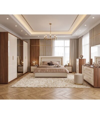 Ivory and Walnut 7-piece bedroom set with channel-tufted headboard and 6-door mirrored wardrobe — full set