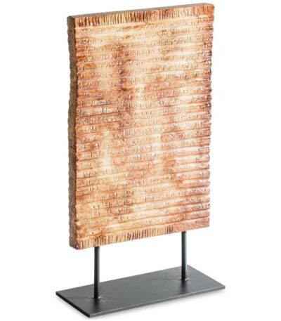 Textured honey brown wood tablet sculpture on a black metal stand