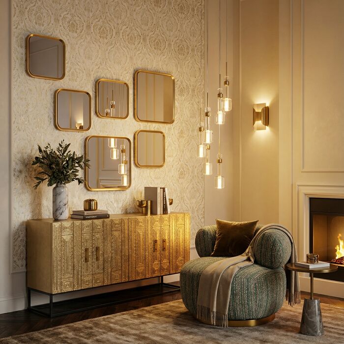 Gold-toned metal square wall mirror with deep rounded frame, 63x63cm