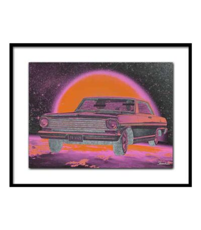 Framed vintage car print on silver foil paper with black wood frame